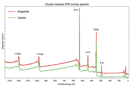 Obr. 3: Přehledová XPS spektra Aragonitu a Kalcitu po nízkoenergetickém očištění povrchu argonovými klastry