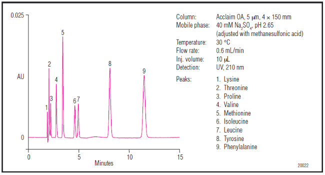 Obr. 7: Separácia aminokyselín na kolóne Accalim Organic Acid